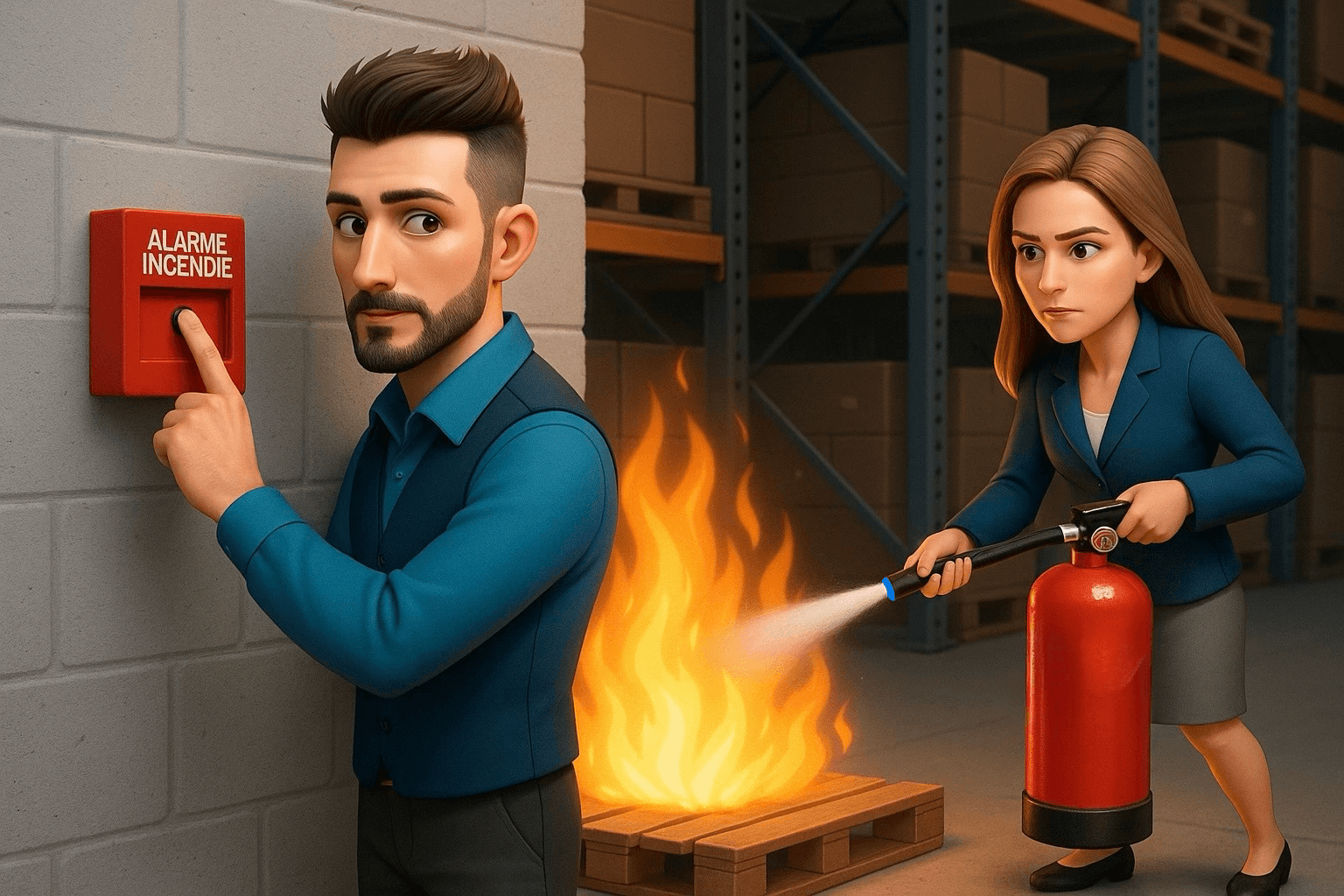 Groupe de personnes participant à une formation d'équipier de première intervention avec simulation de feu