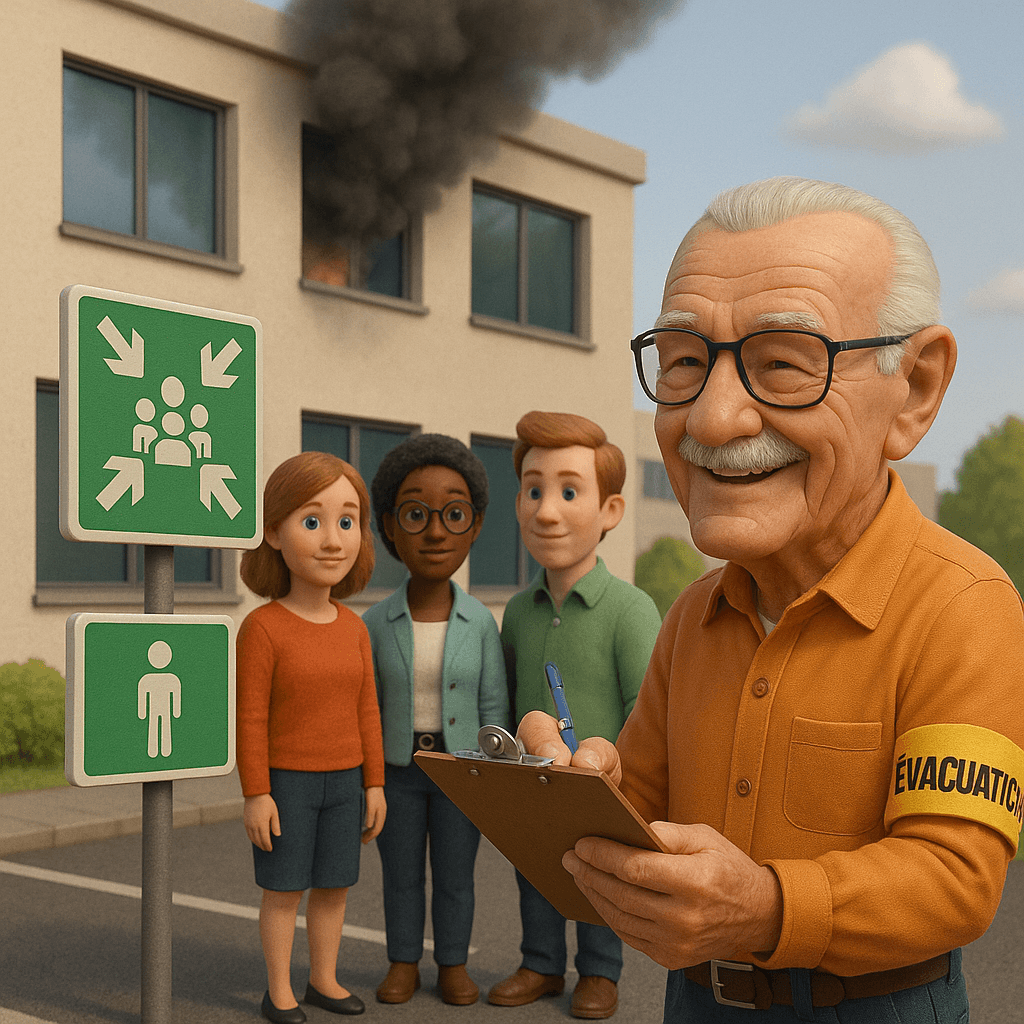 Exercice d'évacuation en entreprise avec simulation de situation d'urgence