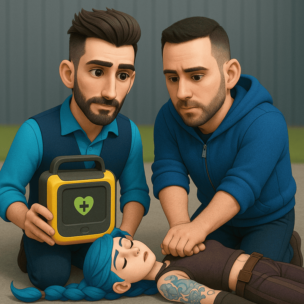 Formation aux gestes d'urgence : participant utilisant un défibrillateur automatisé externe sur un mannequin pendant une formation aux premiers secours