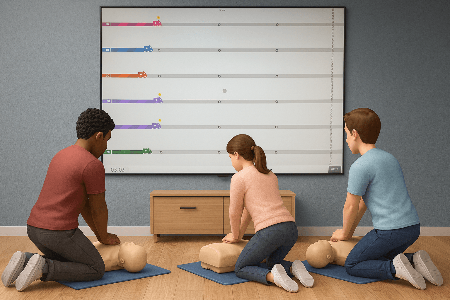 Animation réanimation : participants s'affrontant dans un challenge ludique de massage cardiaque sur mannequin avec affichage de score lors d'une journée sécurité en entreprise