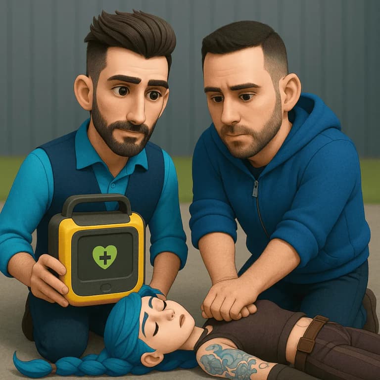Formation aux gestes d'urgence : participant utilisant un défibrillateur automatisé externe sur un mannequin pendant une formation aux premiers secours