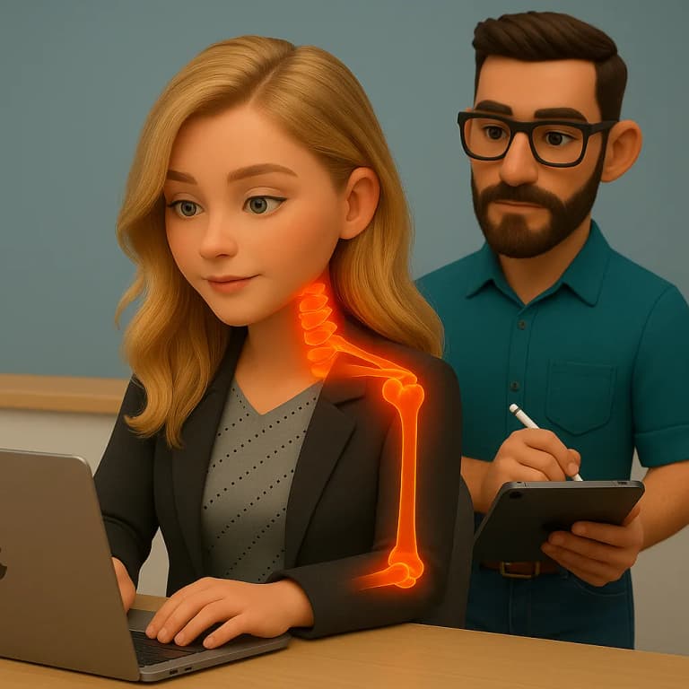 Formation gestes et postures pour personnel administratif : ergonome ajustant la position d'un écran d'ordinateur et la hauteur d'un siège de bureau pour une posture de travail optimale