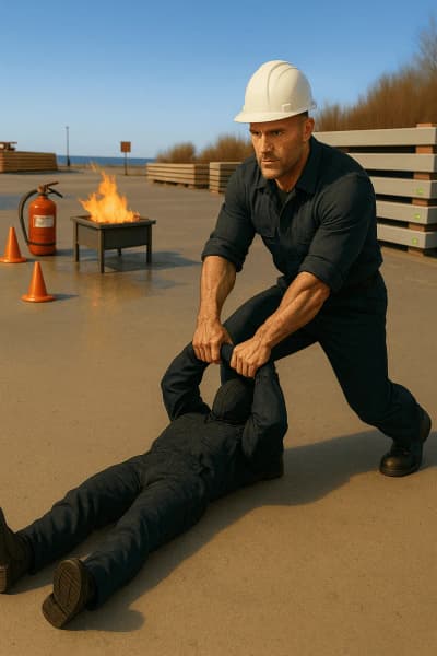 Atelier Fire & Rescue : participant utilisant un extincteur sur un simulateur de feu pendant un exercice chronométré de sauvetage dans le cadre d'une journée sécurité