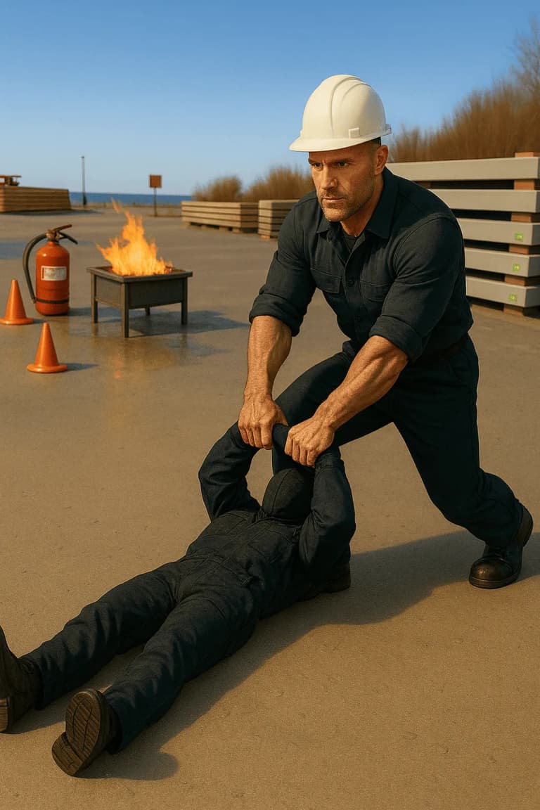 Atelier Fire & Rescue : participant utilisant un extincteur sur un simulateur de feu pendant un exercice chronométré de sauvetage dans le cadre d'une journée sécurité